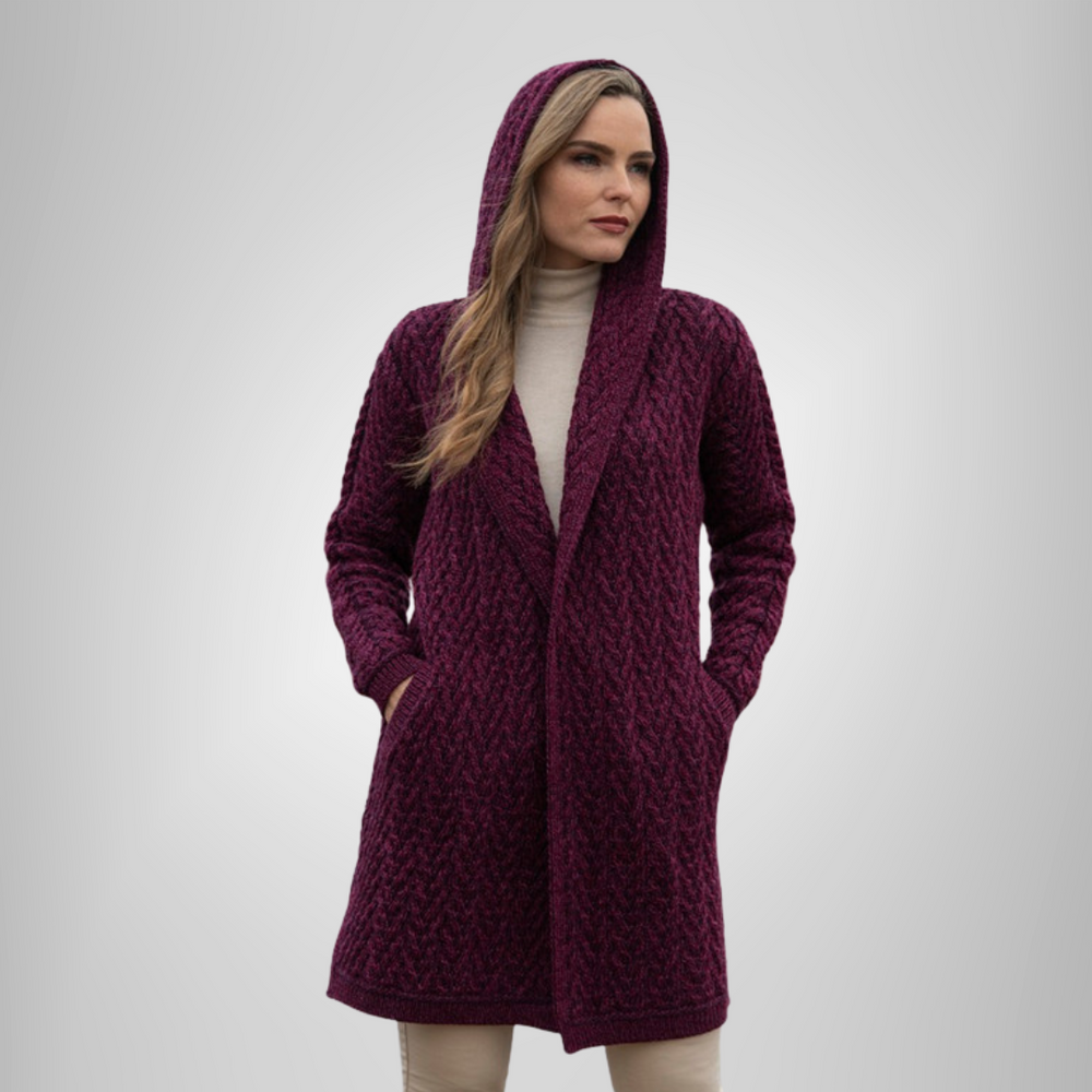 Aran Irish Herringbone Shawl Hood Cardigan - Purple Mix (HD4872)