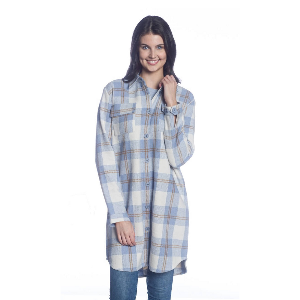 Plaid Long Body Button-Up Shacket - Light Blue