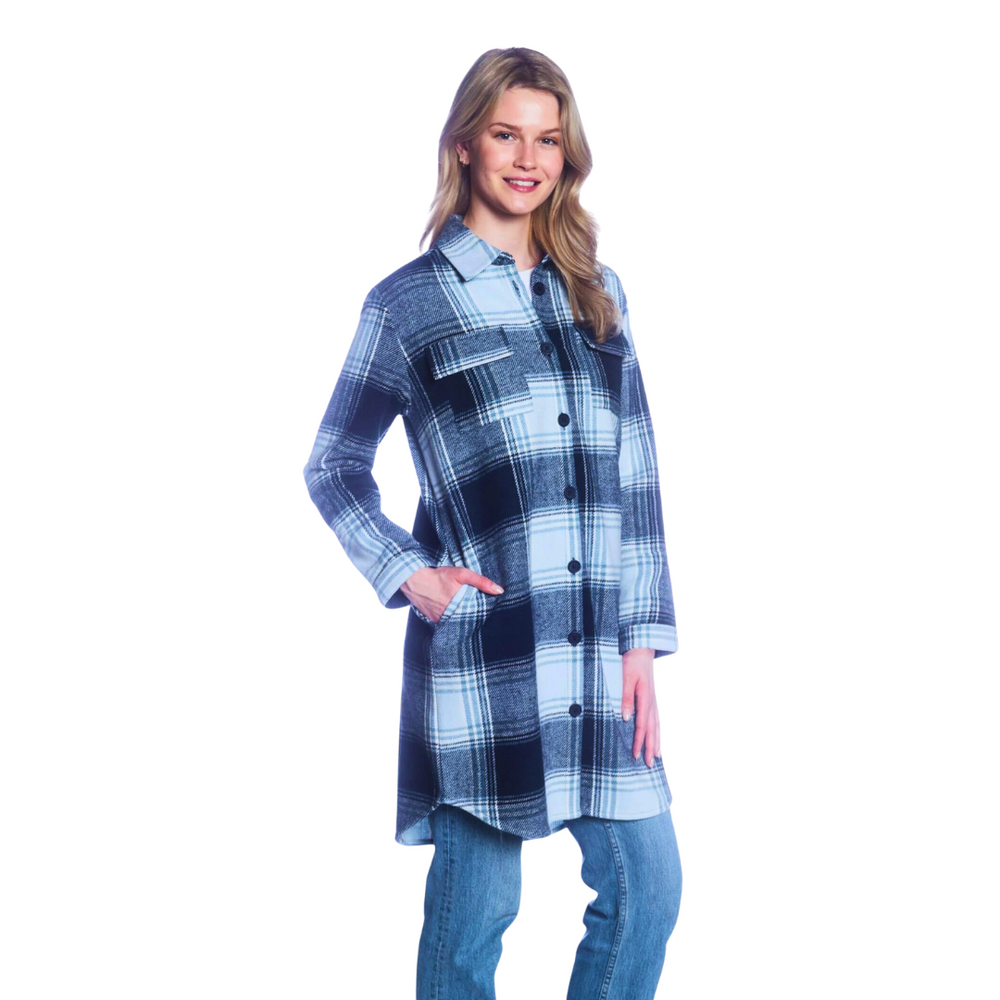 Plaid Long Body Button-Up Shacket - Navy Blue