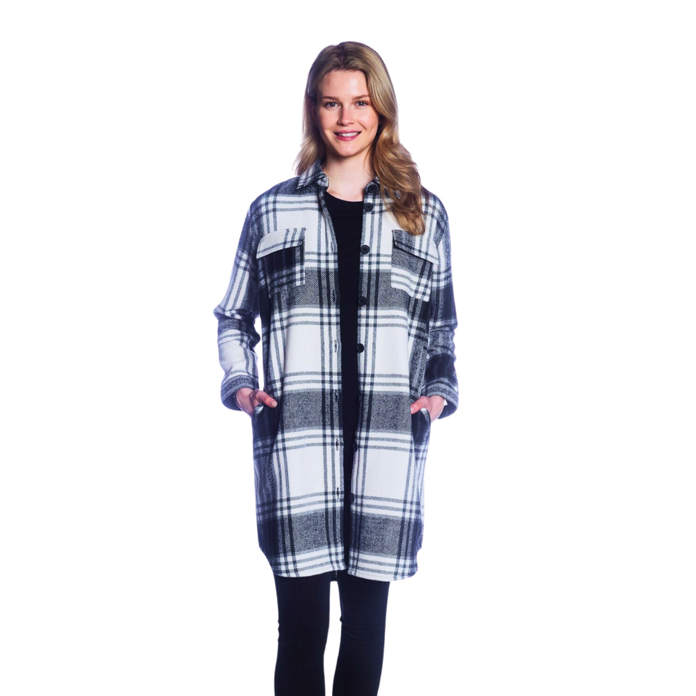 Plaid Long Body Button-Up Shacket - Black