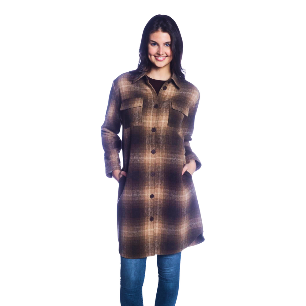 Plaid Long Body Button-Up Shacket - Taupe