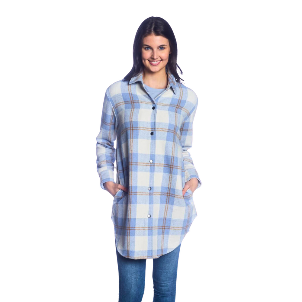 Plaid Long Sleeve Snap Front Schacket - Light Blue