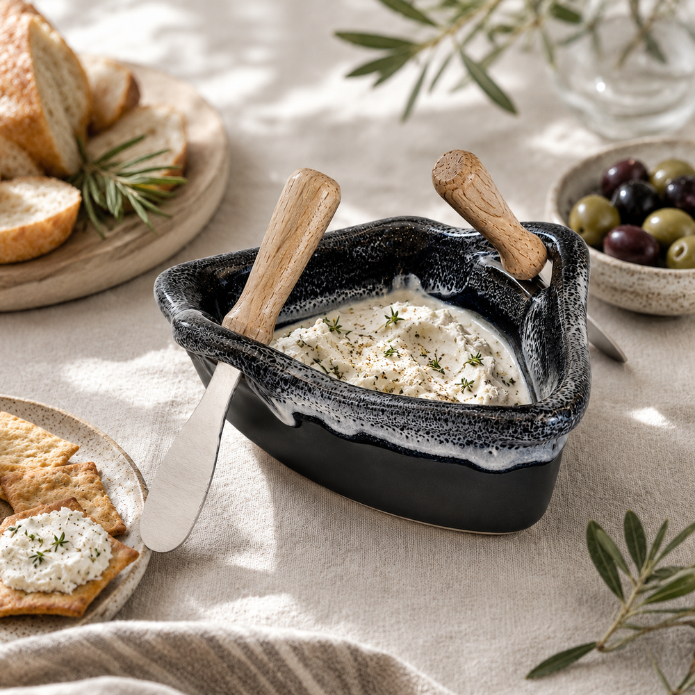 Pottery Boat Dip Pot - Black Diamonds