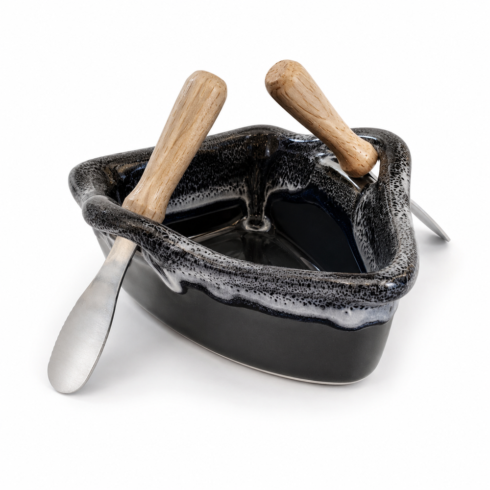 Pottery Boat Dip Pot - Black Diamonds