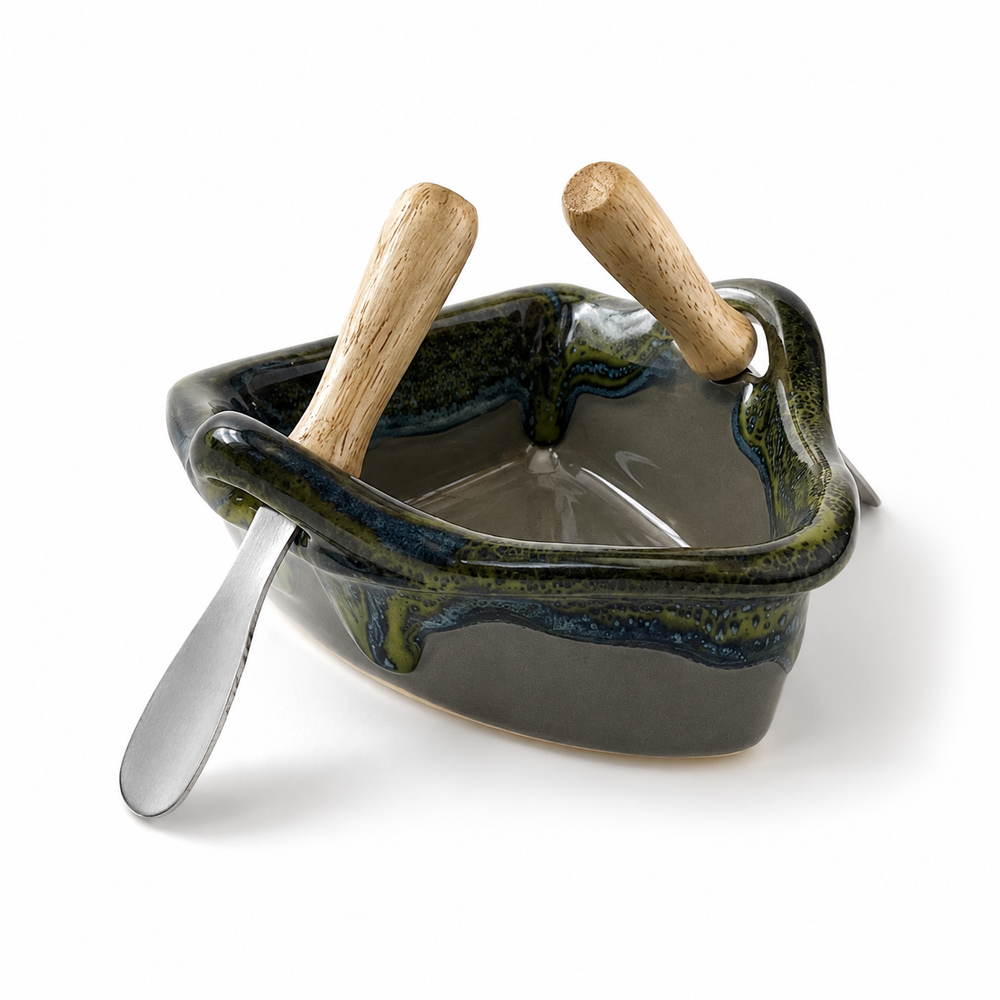 Pottery Boat Dip Pot - Forest Floor