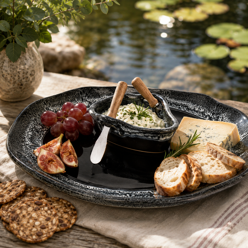 Pottery Boat on a Pond Dip Set - Black Diamonds