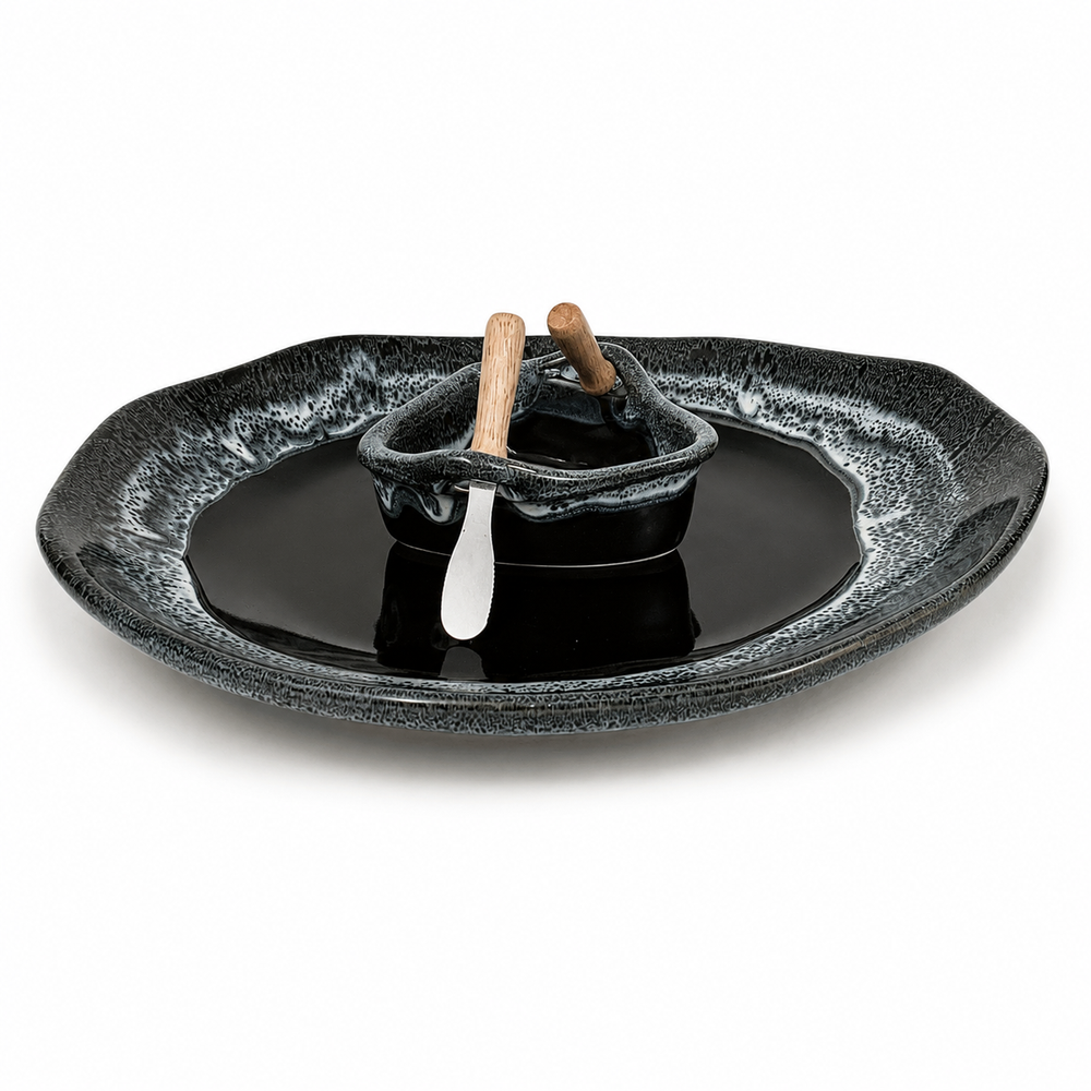 Pottery Boat on a Pond Dip Set - Black Diamonds