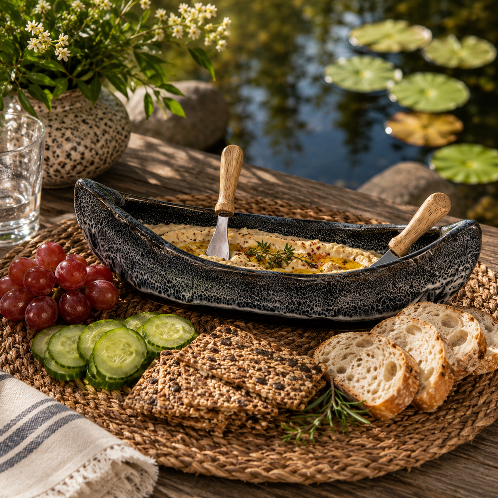 Pottery Canoe Dip Pot - Black Diamonds