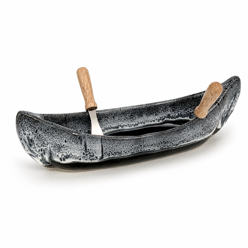 Pottery Canoe Dip Pot - Black Diamonds