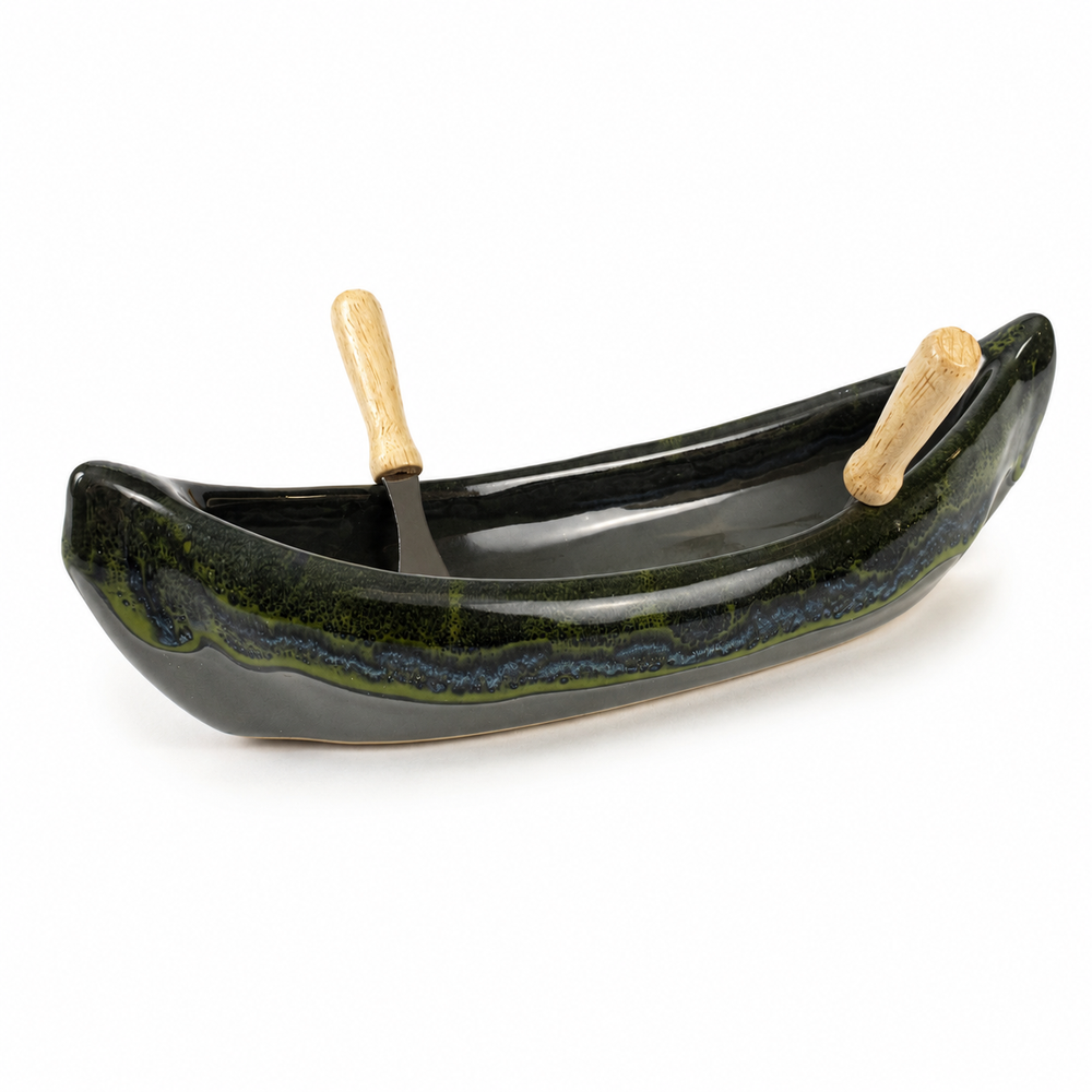 Pottery Canoe Dip Pot - Forest Floor