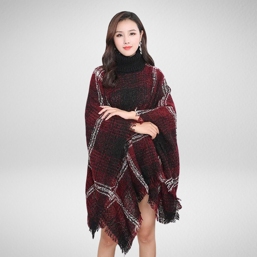 Grand-Cozy Fringed Poncho W/Turtleneck - Black/Red/White