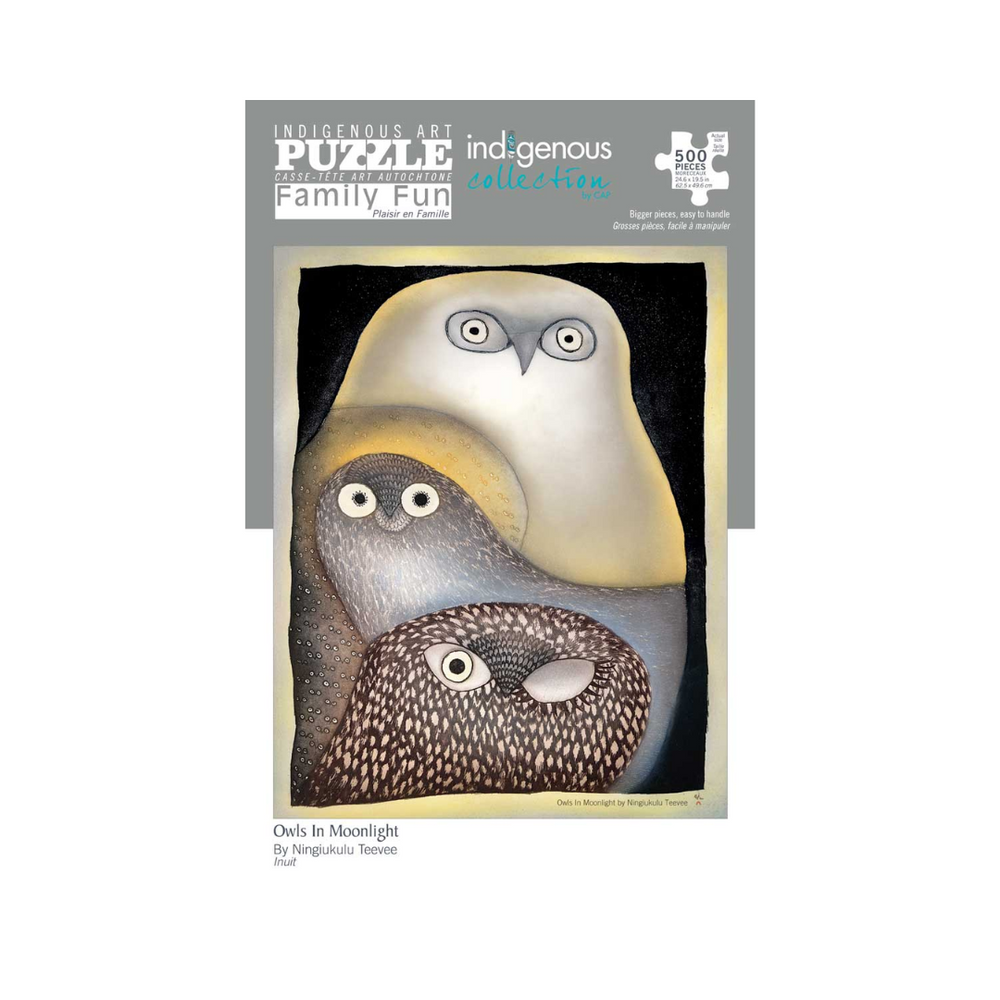 500 Piece Indigenous Art Puzzle - Owls in Moonlight