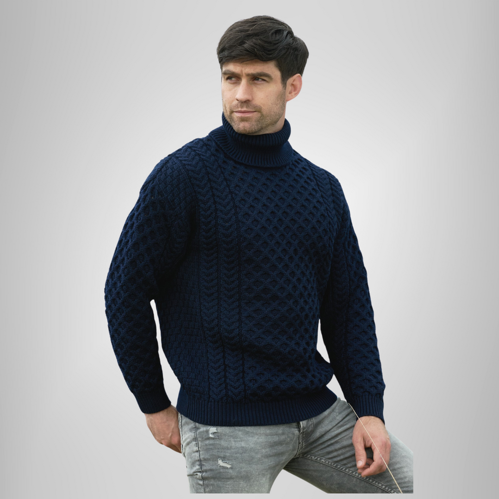 Aran Irish Men's Roll Neck Sweater - Navy (R1949)