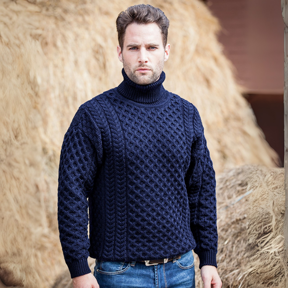Aran Irish Merino Polo Neck Sweater - Navy (R1949)