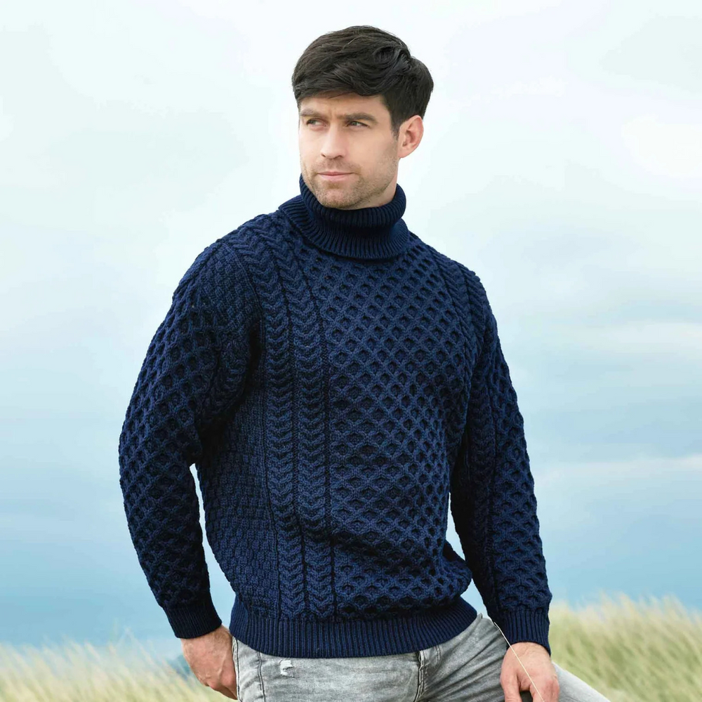 Aran Irish Merino Polo Neck Sweater - Navy (R1949)