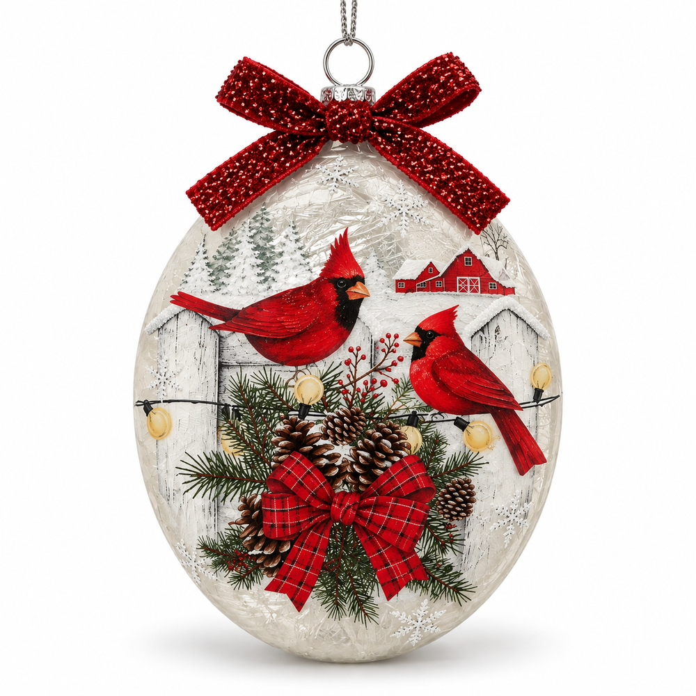 Stony Creek Cardinals on Wreath Oval Glass Ornament