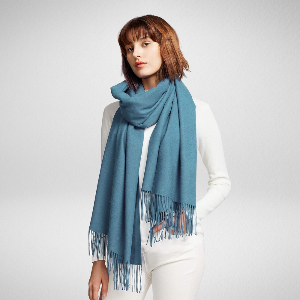 Grand-Solid Cashmere Feel Scarf w/Tassels-Blue Green