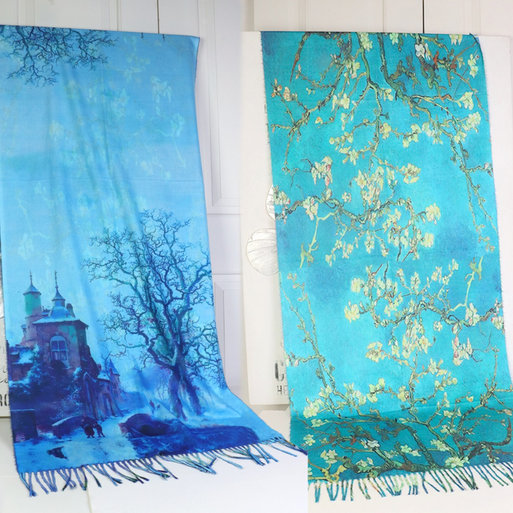 Grand - Almond Blossoms & Winter Landscape Double-Sided Oil Painting Scarf