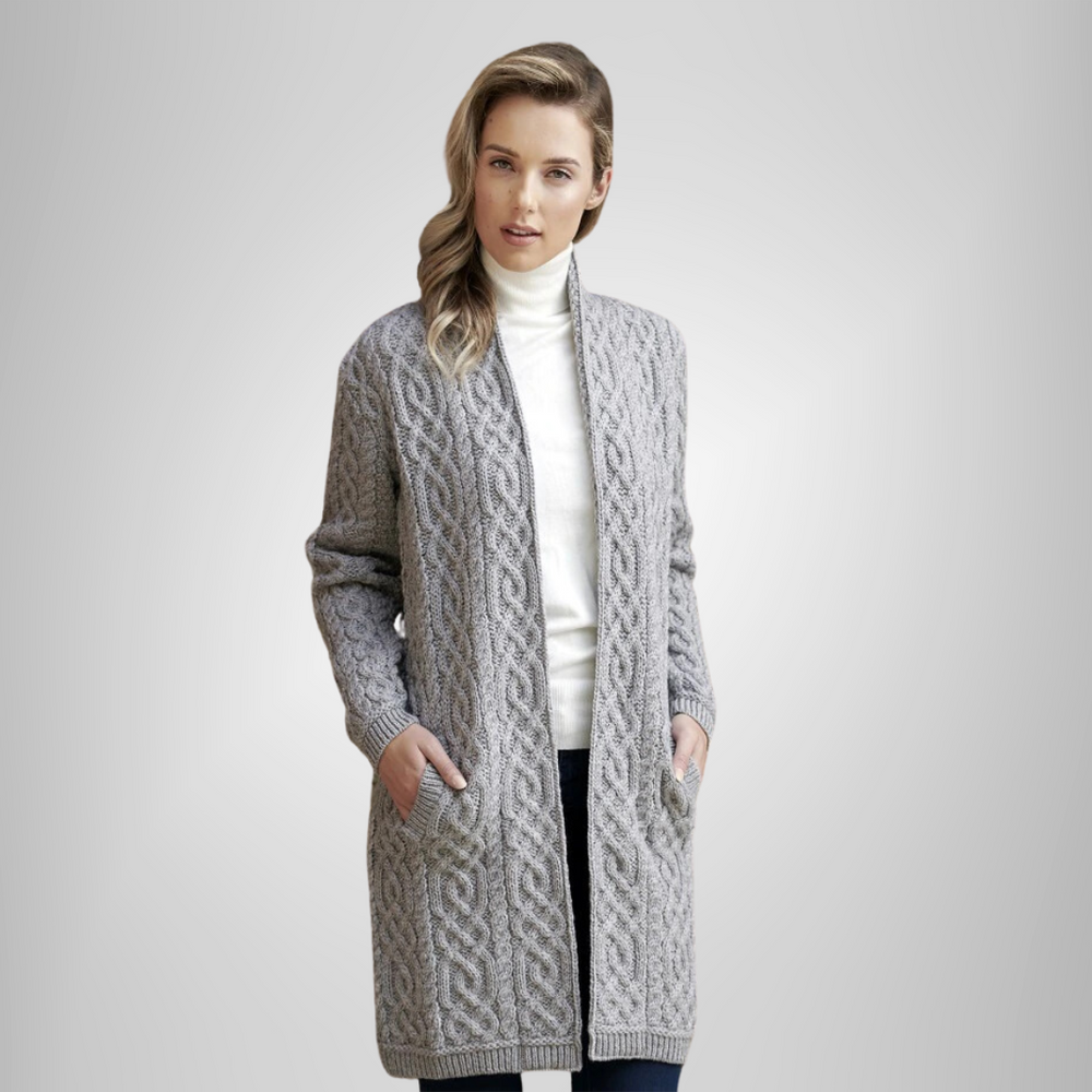 Aran Irish Celtic Braid Edge Open Coat Cardigan - Soft Grey (X4901)