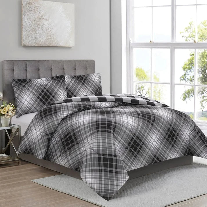 Reversible Charcoal Plaid 3 Piece Comforter Set - Twin