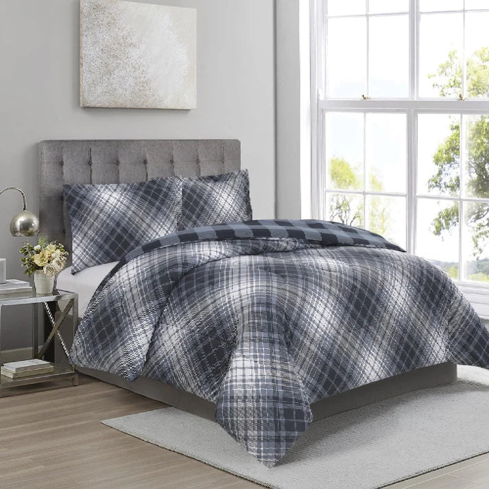 Reversible Blue Plaid 3 Piece Comforter Set - Queen