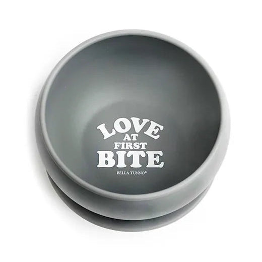 Gray bowl with 'Love at First Bite' text on a white background