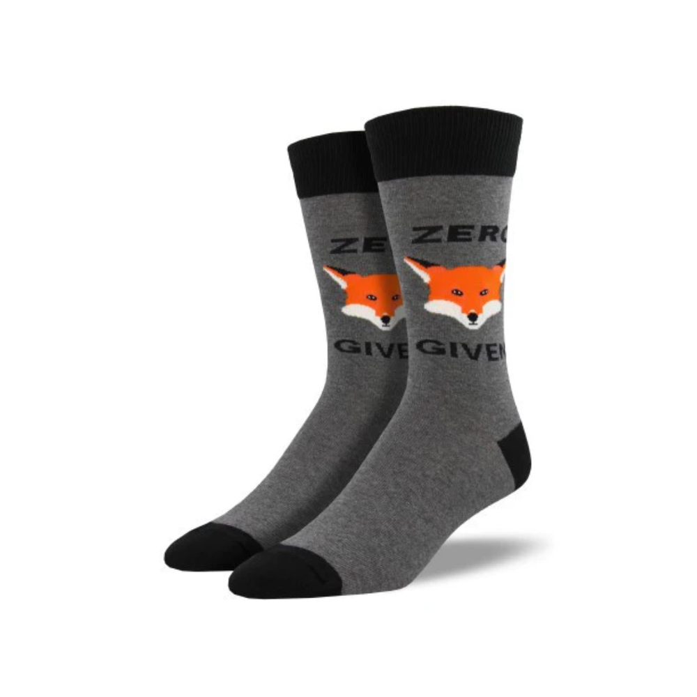 Gray socks with fox design and 'Zero Fox Given' text on a white background