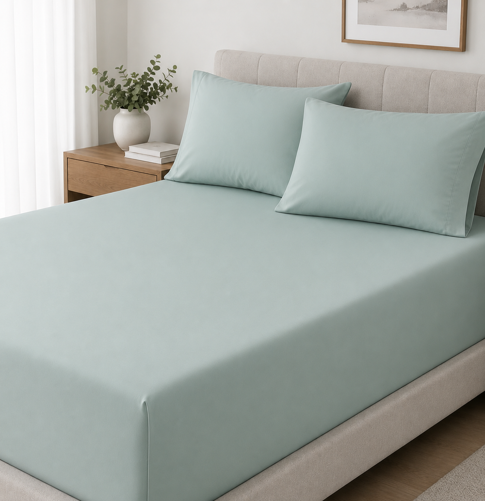 Solid Aqua Fitted Sheet Set with Pillowcase Lifestyle