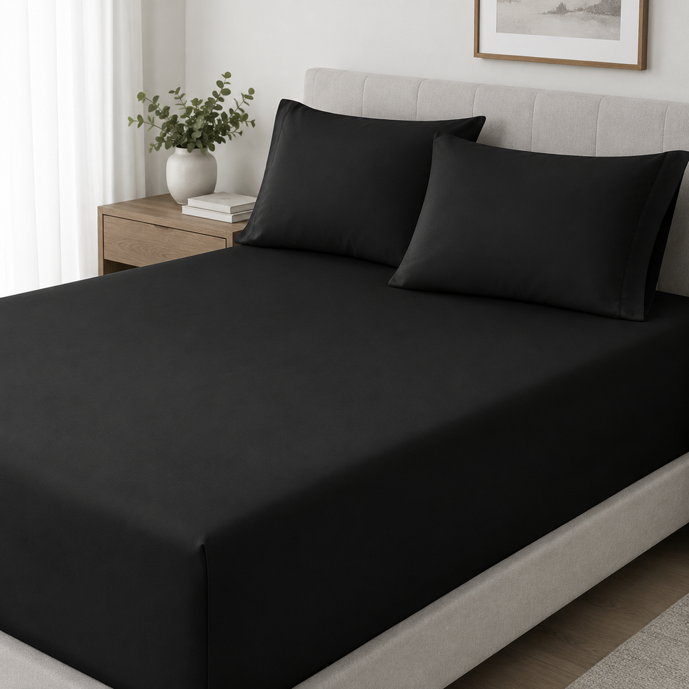 Solid Black Fitted Sheet Set with Pillowcases Lifestyle