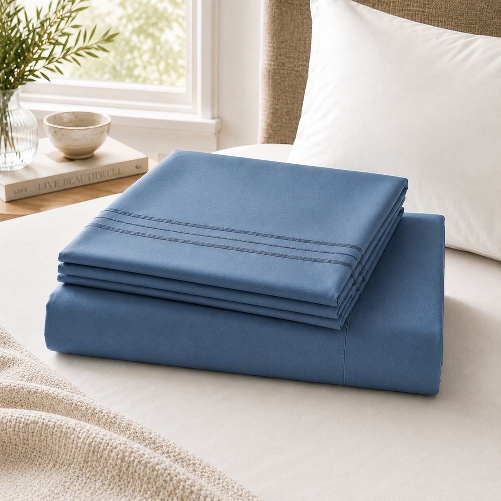 Solid Folded Captain Blue Sheet Set Lifestyle