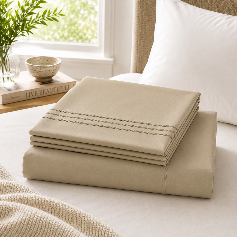 Solid Folded Taupe Sheet Set Lifestyle