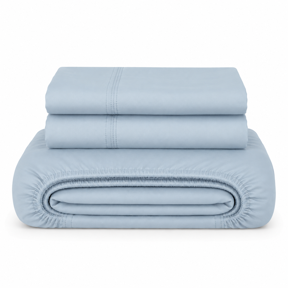 Solid Light Blue Fitted Sheet Set with Pillowcase