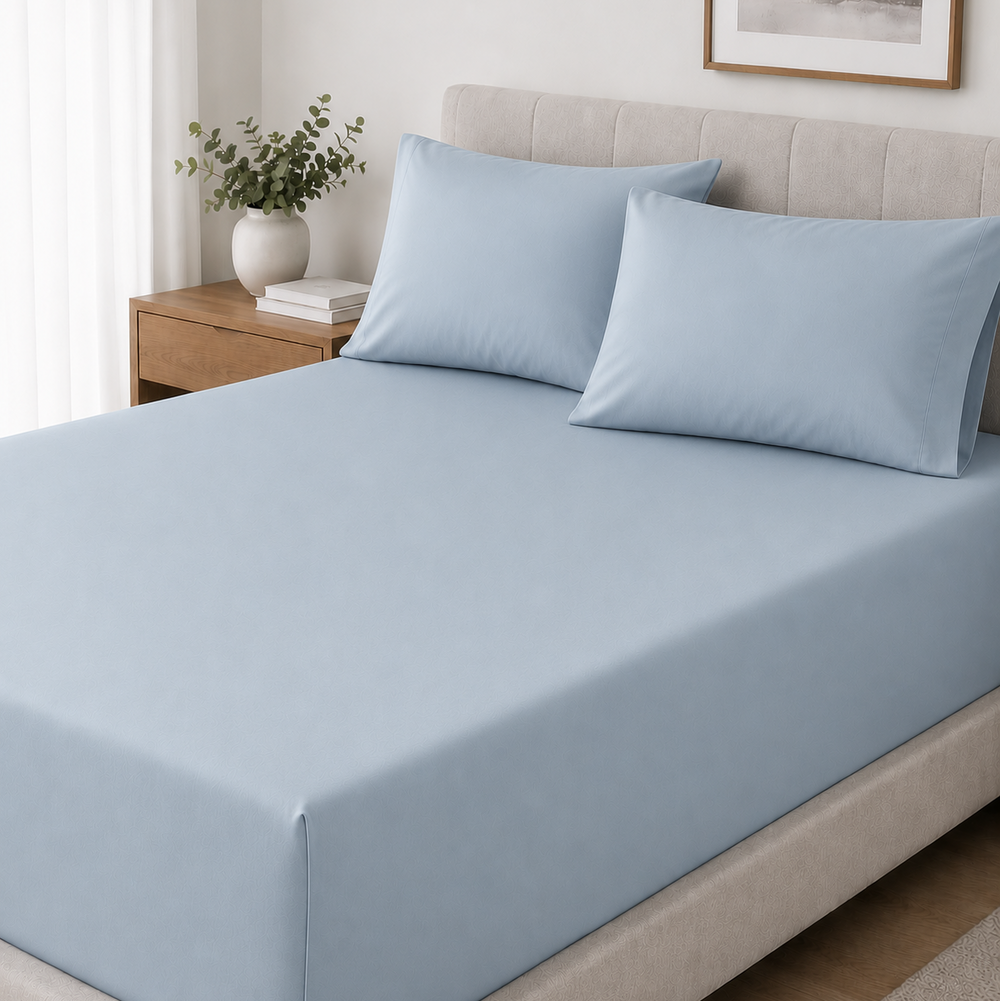 Solid Light Blue Fitted Sheet Set with Pillowcase Lifestyle