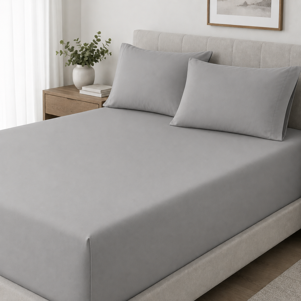 Solid Light Grey Fitted Sheet Set with Pillowcase Lifestyle