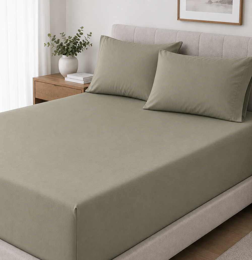 Solid Sage Fitted Sheet Set with Pillowcase Lifestyle
