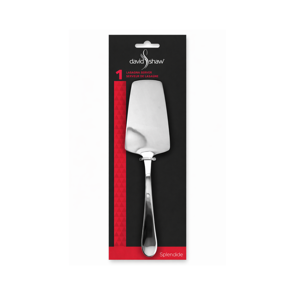 Packaged silver cake server with 'David Shaw' branding on a black and red background