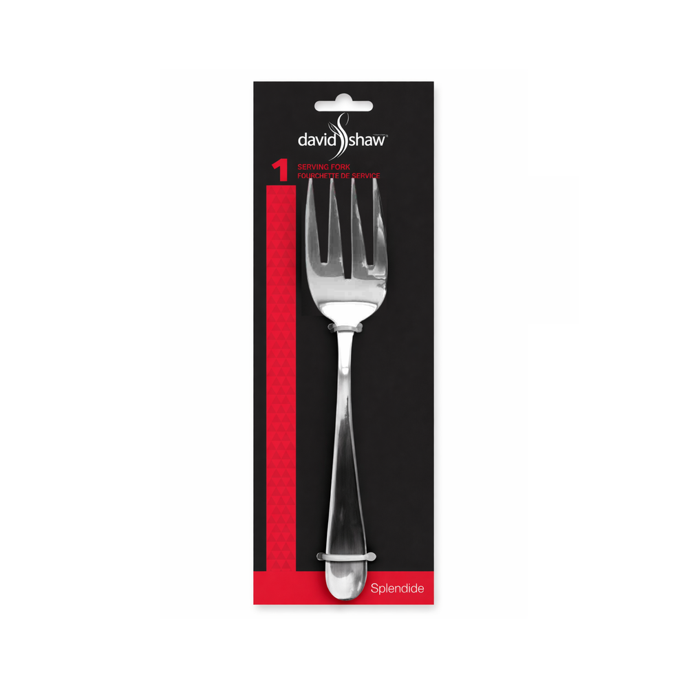 Stainless steel fork in packaging with 'David Shaw' branding on a white background