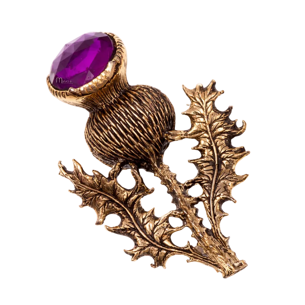 St Justin Antique Gold Single Thistle Brooch Amethyst