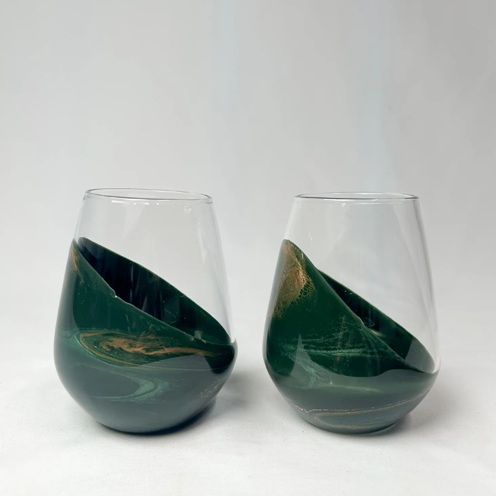 Stemless wine glass set in Jade design by Lynn & Liana, featuring elegant Green and Gold marbled detailing.