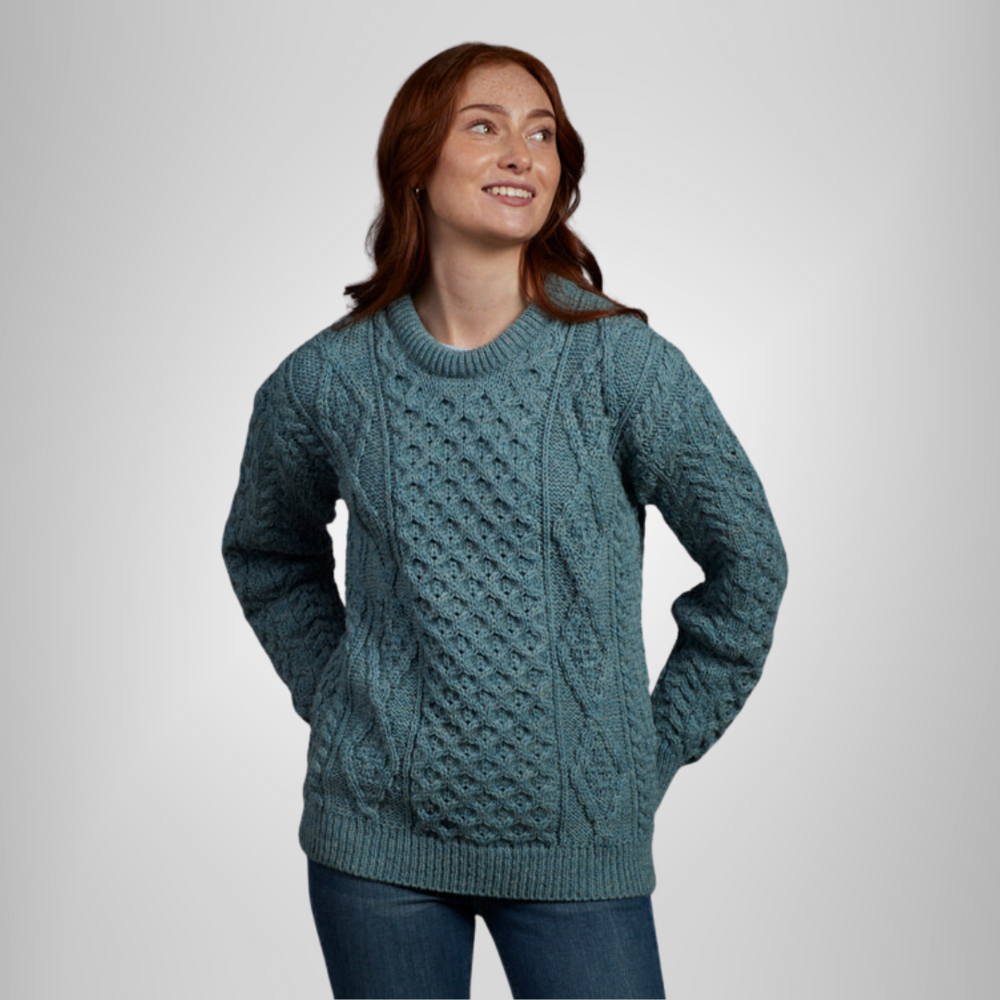 Aran Wool Crew Neck Sweater - Summer Storm (B392 945)