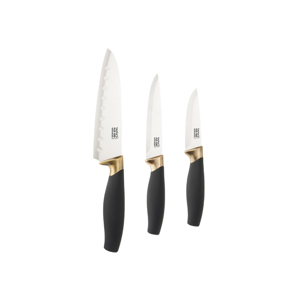 A set of three kitchen knives with black handles and stainless steel blades, displayed in descending order of size with the brand name 'Taylor's' visible on the blade.