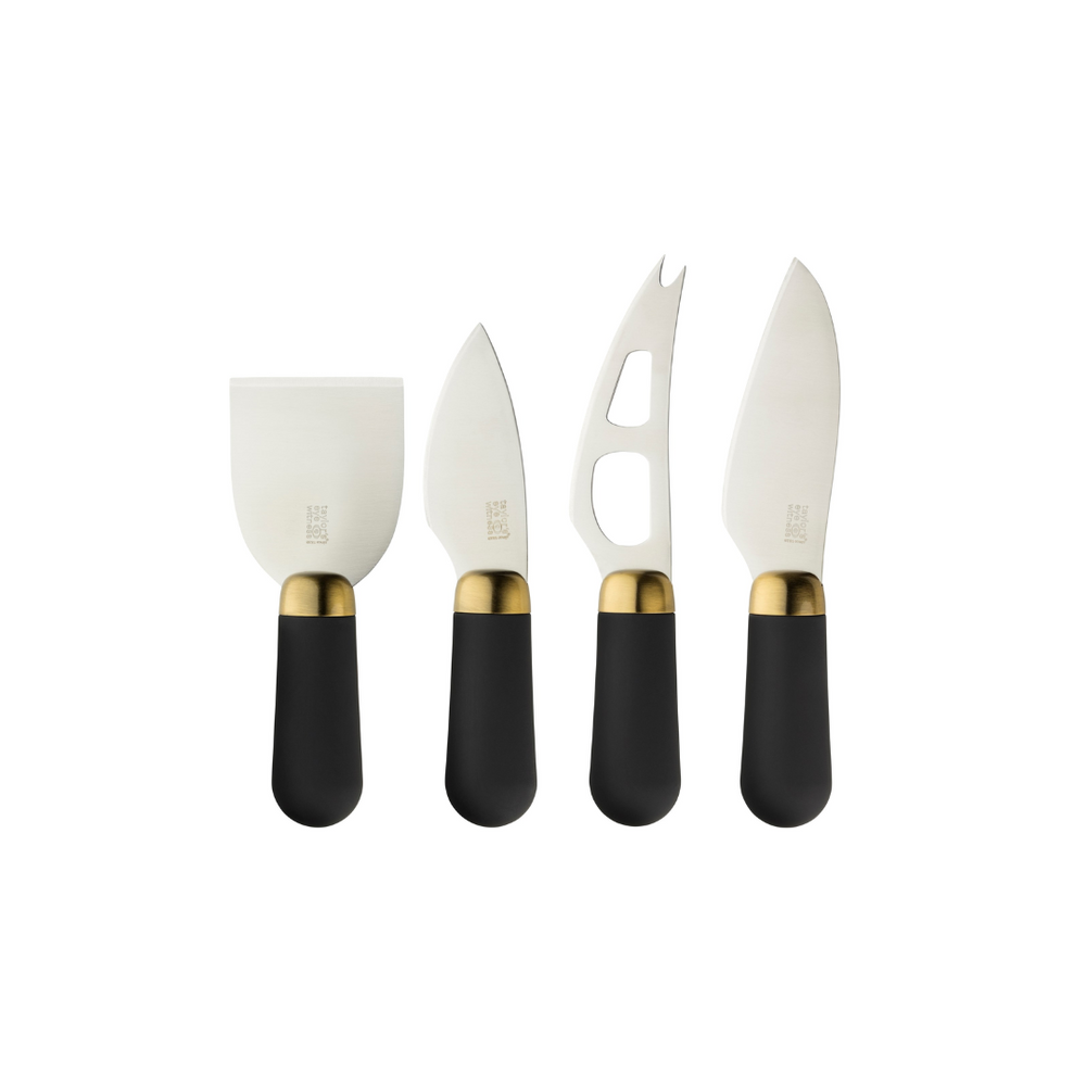 A set of four cheese knives with black handles and brass accents on the handles, displayed side by side.