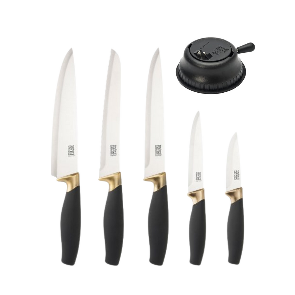 A set of four kitchen knives with black and gold handles and a sharpener, displayed on a white background.