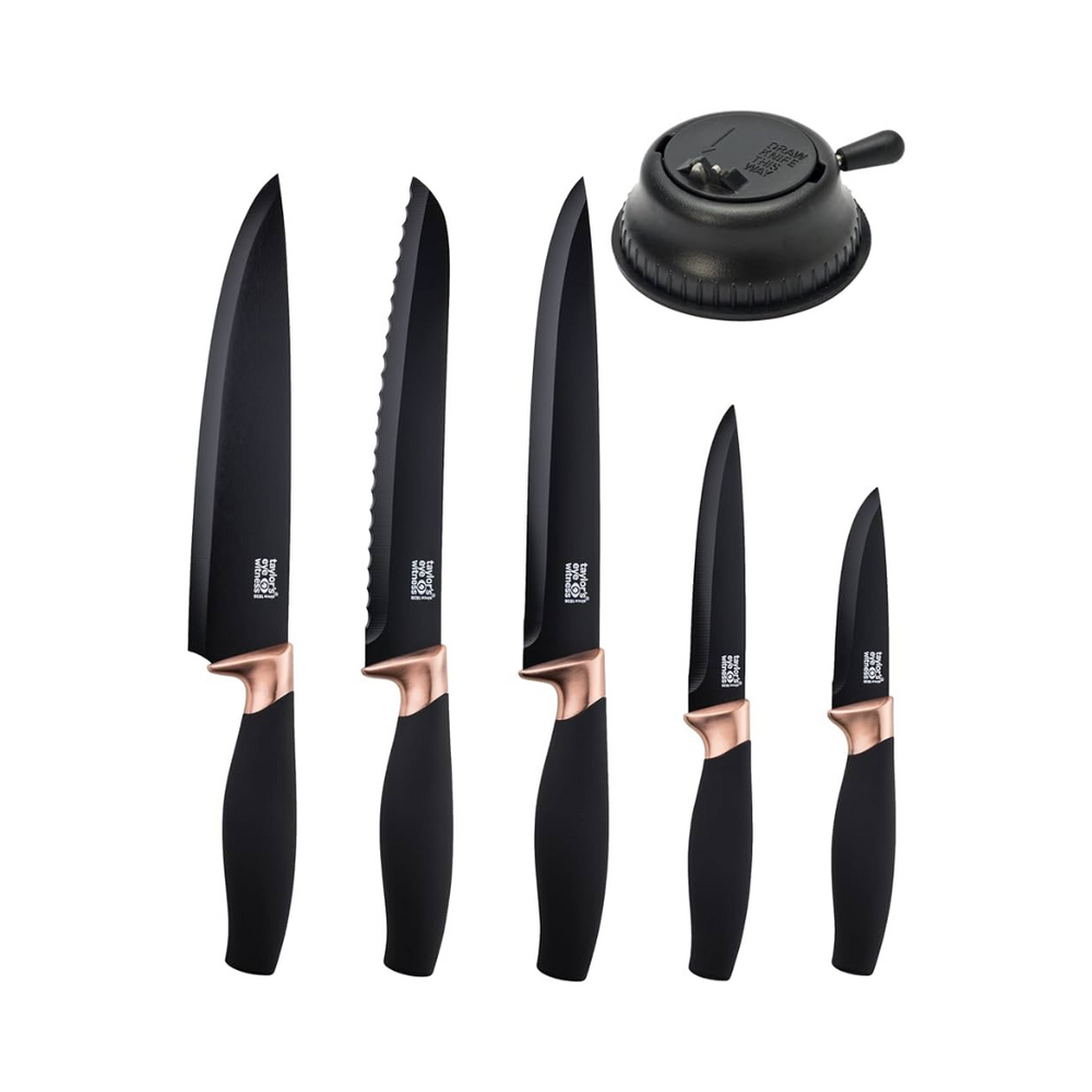 A set of five kitchen knives with black handles and silver blades, including a sharpener with a black cover.