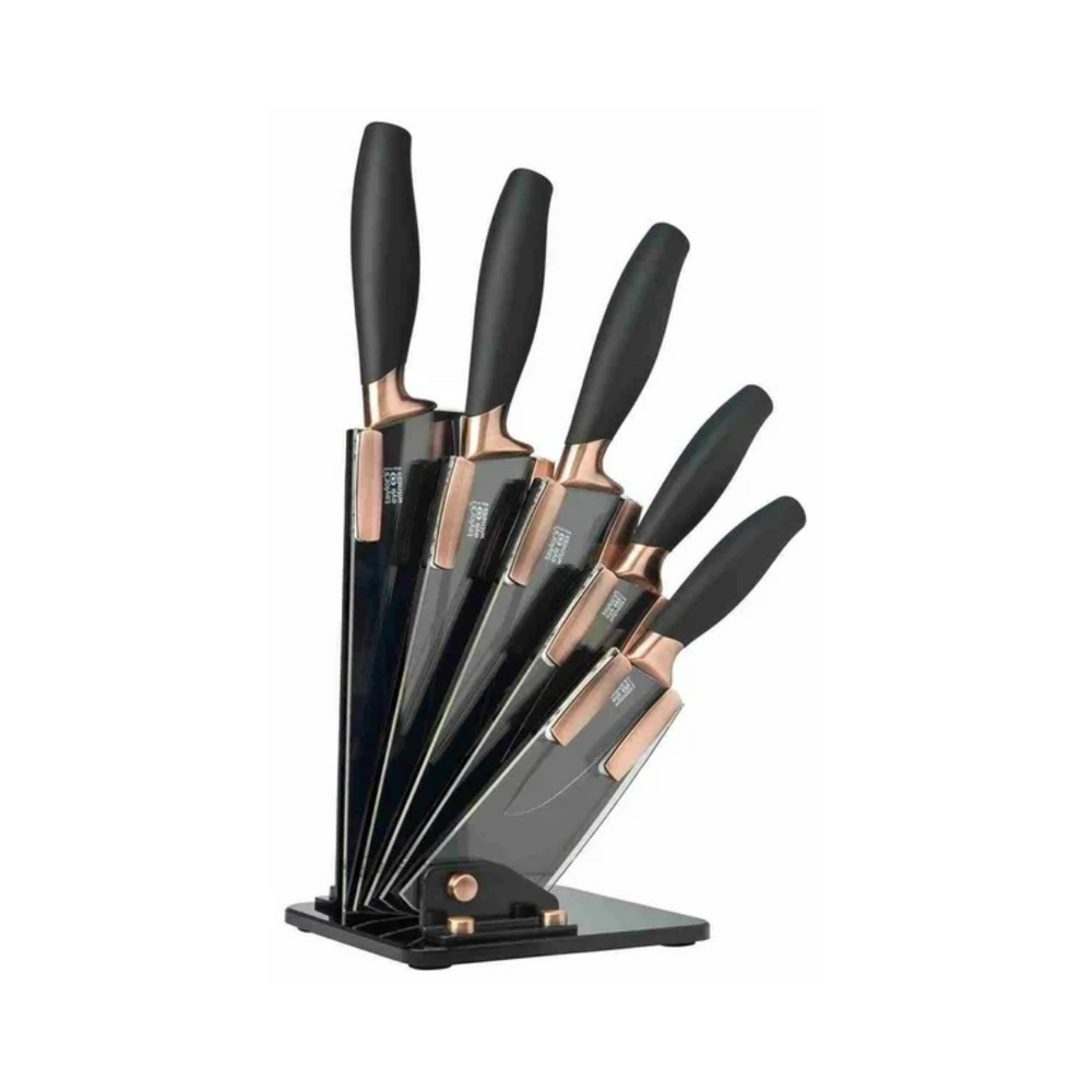 A set of knives with black handles and copper-colored accents, arranged in a fan-shaped block.