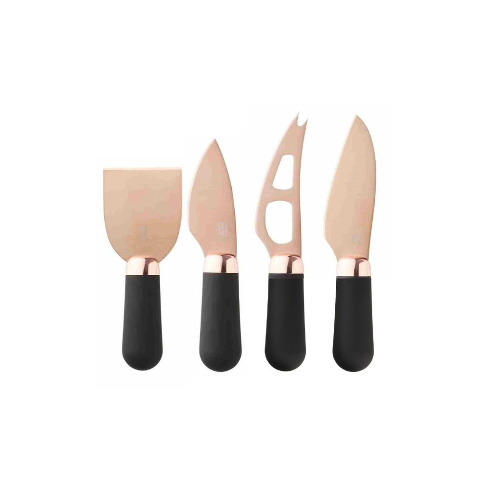 A set of four cheese knives with rose gold-colored stainless steel blades and black handles, displayed side by side.