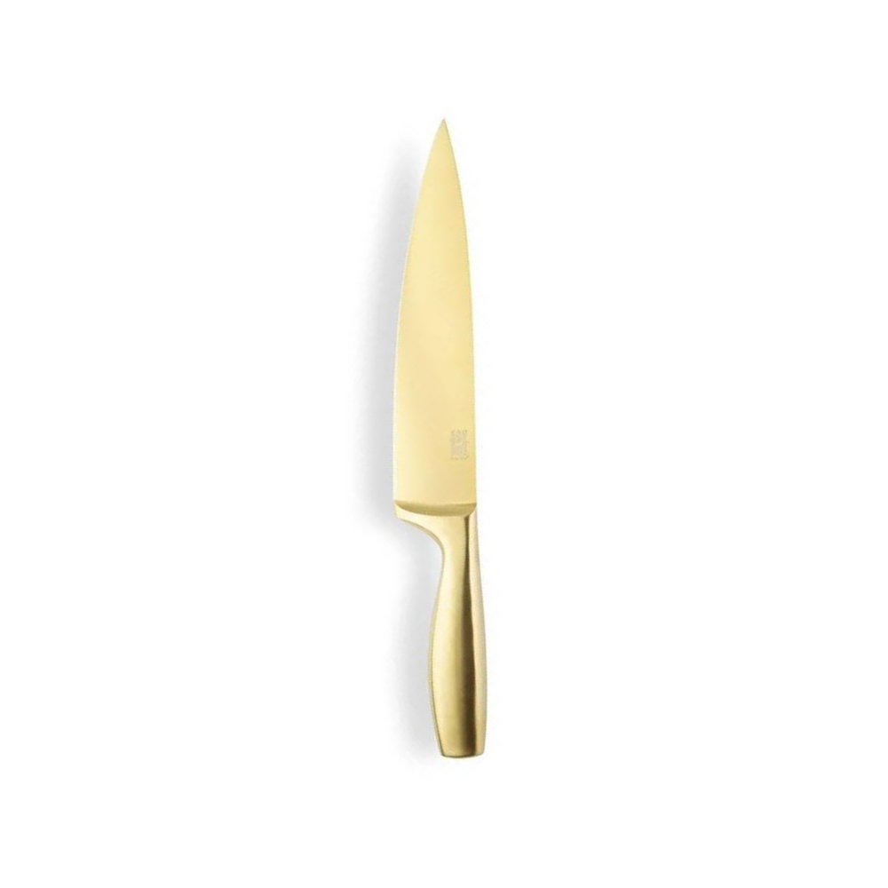 A 20cm/8 inch Taylor's Eye Witness Satin Gold Chef Knife with a gold titanium nitride finish and an ergonomic handle.