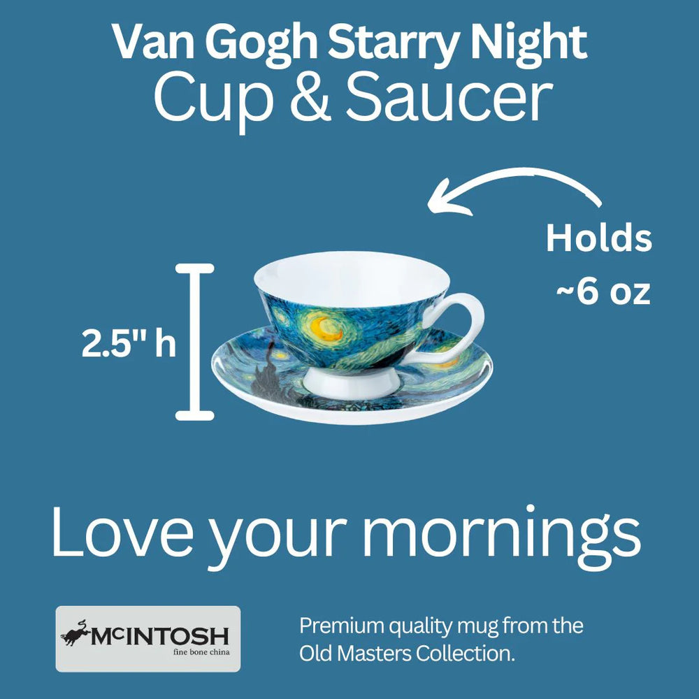 Van Gogh Starry Night cup and saucer with measurement details on a blue background