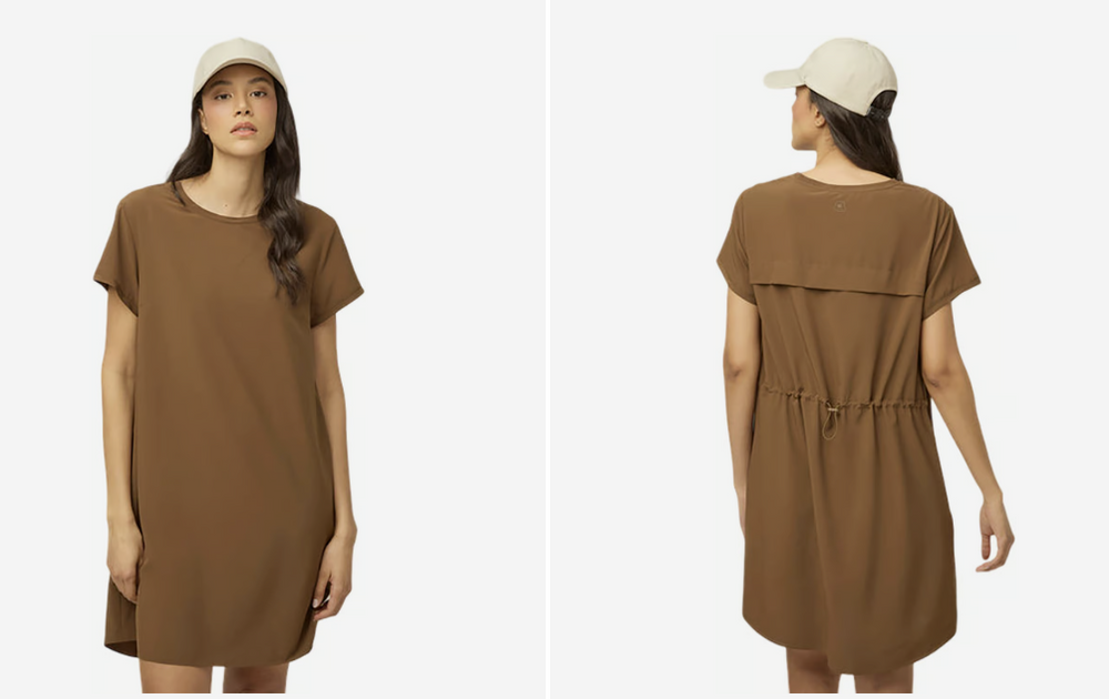 A woman modeling a loose brown short-sleeve dress, shown from both the front and back against a light gray studio background. She is wearing a light beige baseball cap.