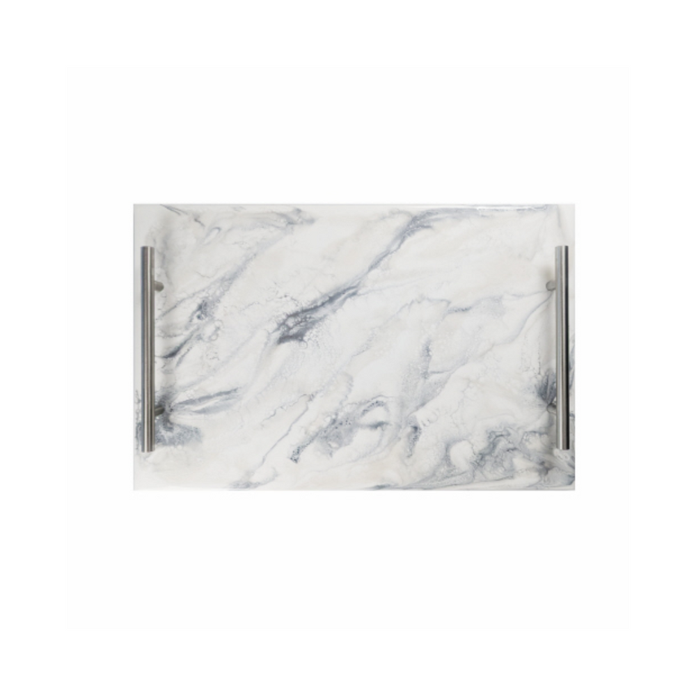 Liana acrylic (or "Lucite") trays are made from clear acrylic with a hand-poured plant-based resin (EcoPoxy UVPoxy) for decorative elements. The trays, 12" x 18", are designed to be functional art pieces and are handcrafted, with each piece being unique.